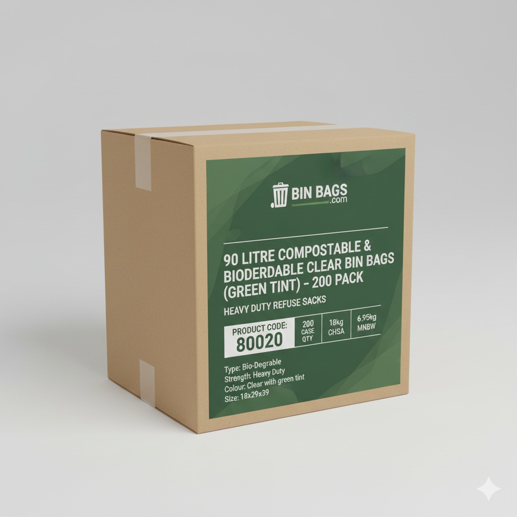 90 Litre Compostable & Biodegradable Clear Bin Bags (Green Tint) – 200 Pack